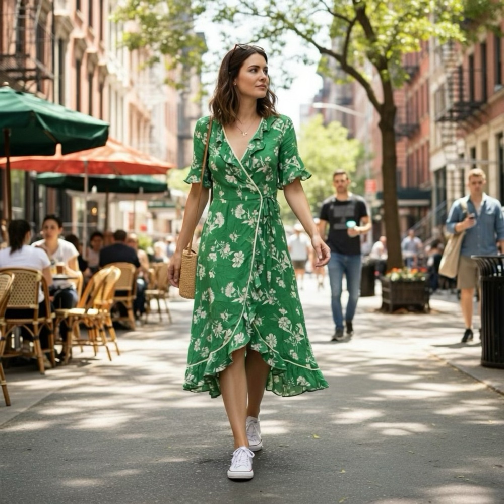 Topshop Green Floral Wrap Midi Dress